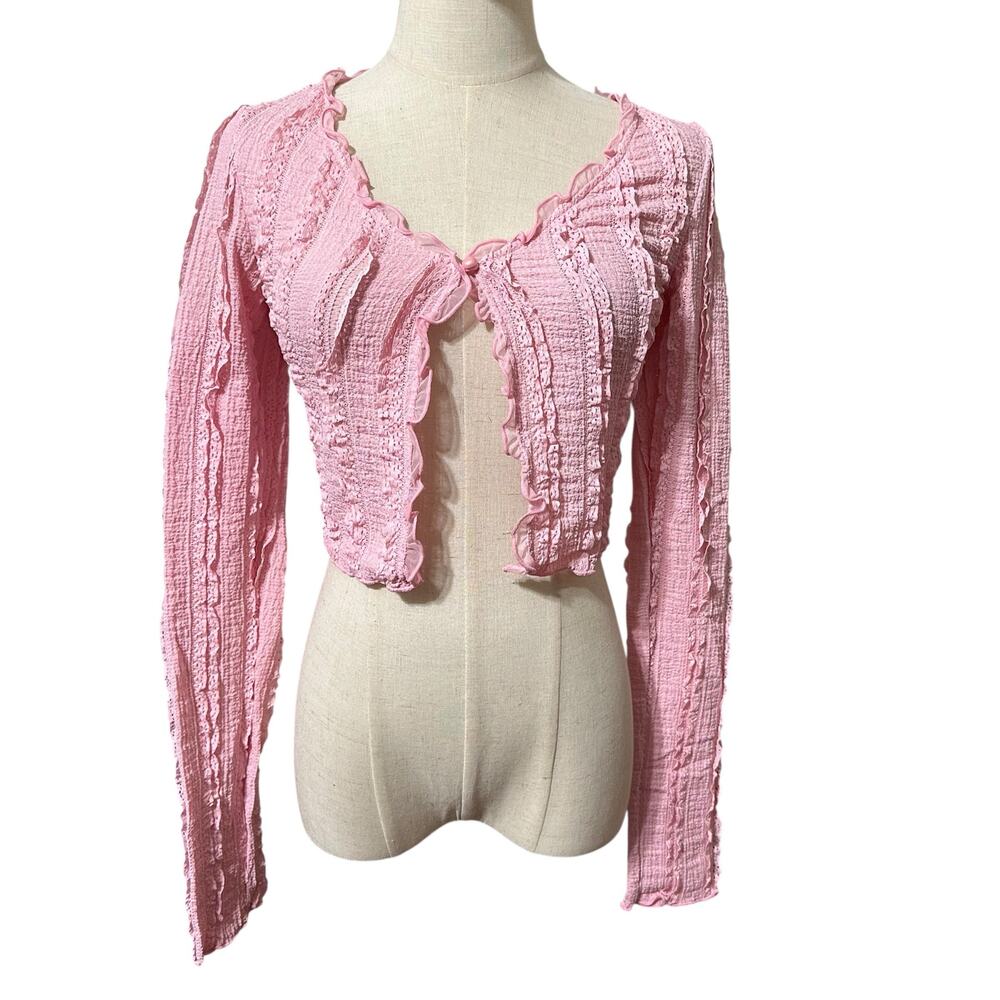 Sugar Thrillz Dolls Kill XS Pink Long Sleeve Ruffled Knit Crop Cardigan Coquette